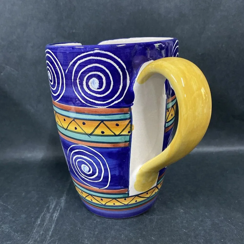 Pier‎ 1 Italian Swirl Ceramic Juice Water Pitcher 7.5” Blue Yellow Hand Painted